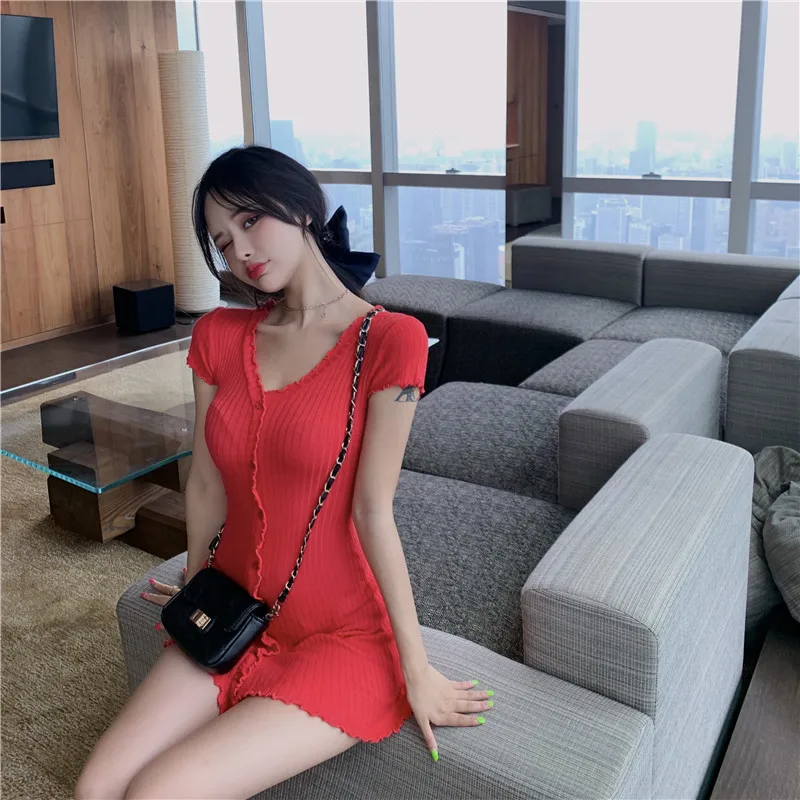 

2020 New Sexy Solid Color V-Neck Dress Wooden Ears Slim Bag Hip Dress Female Summer Single Breasted Casual Women's Dress