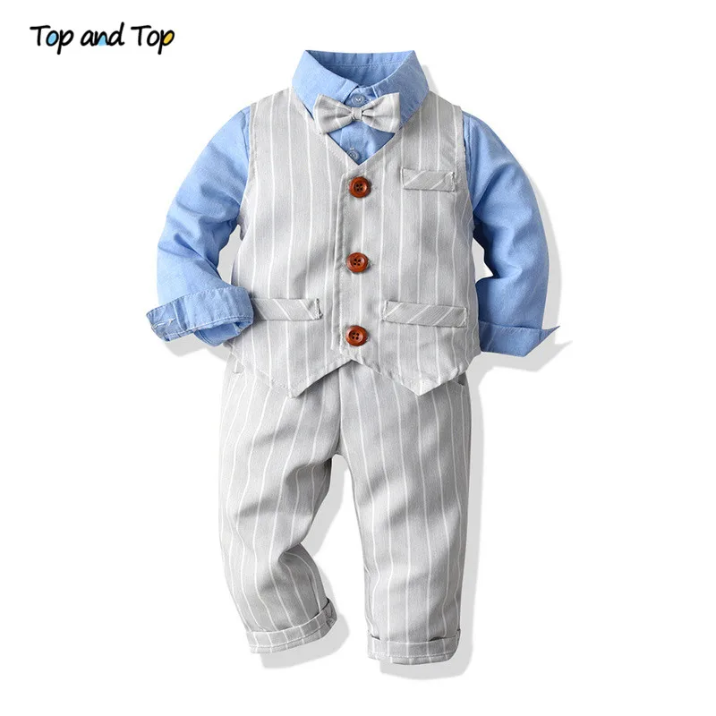 Top and Autumn Winter Fashion Boys Gemtleman Clothing Set Long Sleeve Bowtie Shirt+Waistcoat+Pants Striped Children Suits | Детская