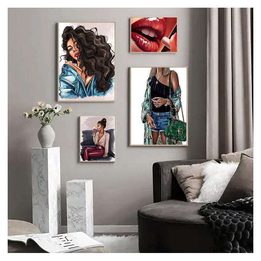 Картина на холсте "Губы, вино и модная девушка с сигаретой" в стиле Nordic для декора гостиной.