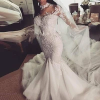 sheer high neck mermaid wedding dress 2021 modern lace applique long sleeve bridal gowns arabic vestidos robe de mariage
