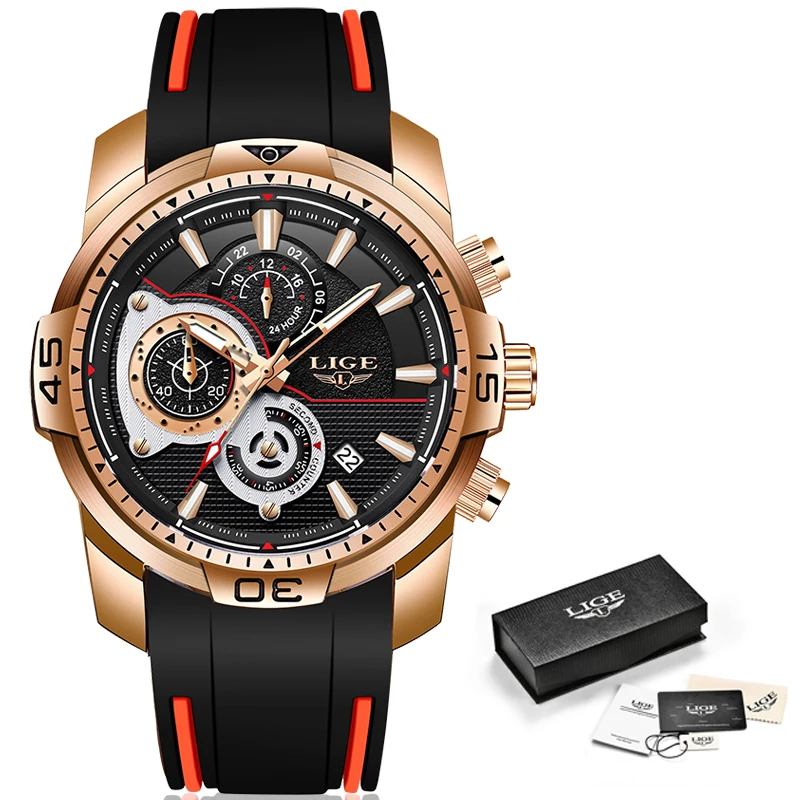 

2020 New LIGE Mens Watches Top Brand Luxury Sport Chronograph Date Quartz Watch Men Silicone Strap Fashion Waterproof Watch+Box