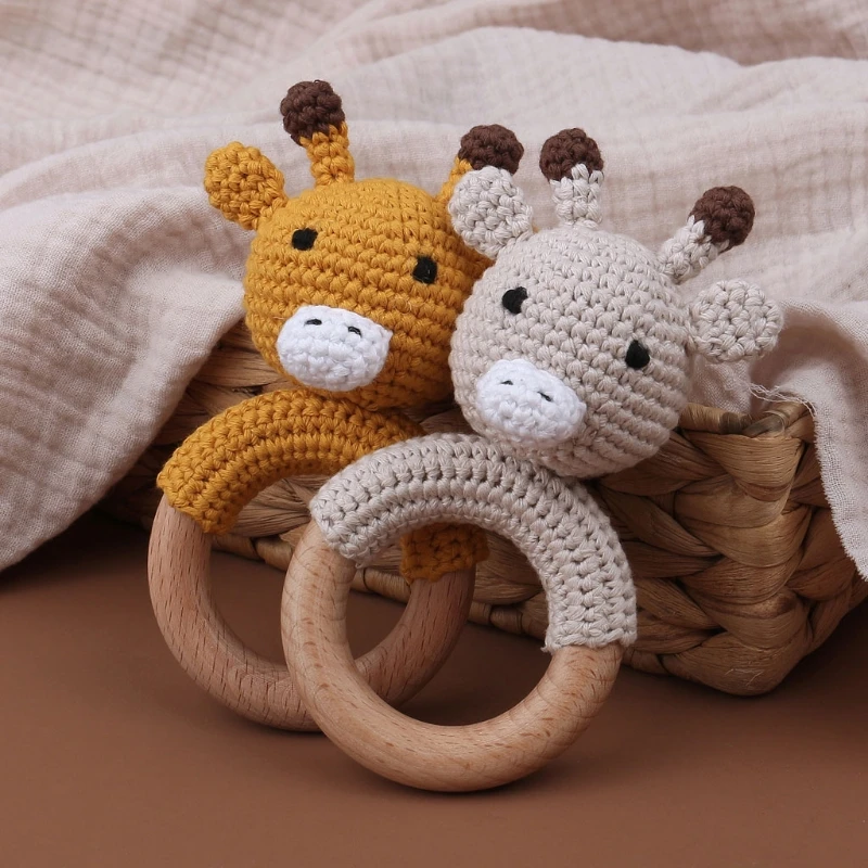 

Baby Teether Cartton Animal Crochet Wooden Teething Rings DIY Teething Rattle