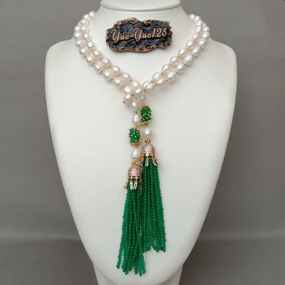 Y·YING 51'' Cultured White Rice Pearl Green stone Tassel CZ Pave Pendant Long Necklace sweater necklace for party women gift |