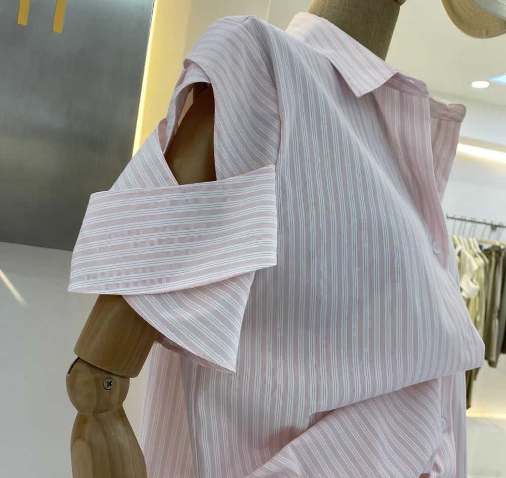 

IEQJ 2021 Summer Korean New Style Blue Casual Striped Single-breasted Sleeves Twisted Design Short-sleeved Shirt Women 3F0534