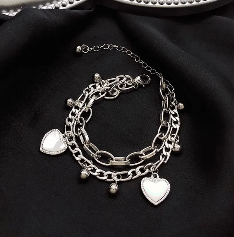 

Heart Bracelets Hip Hop Cool Double Layered Linked Chain for Women Metal Silver Color Beads Charm Bracelet Street Style Jewelry