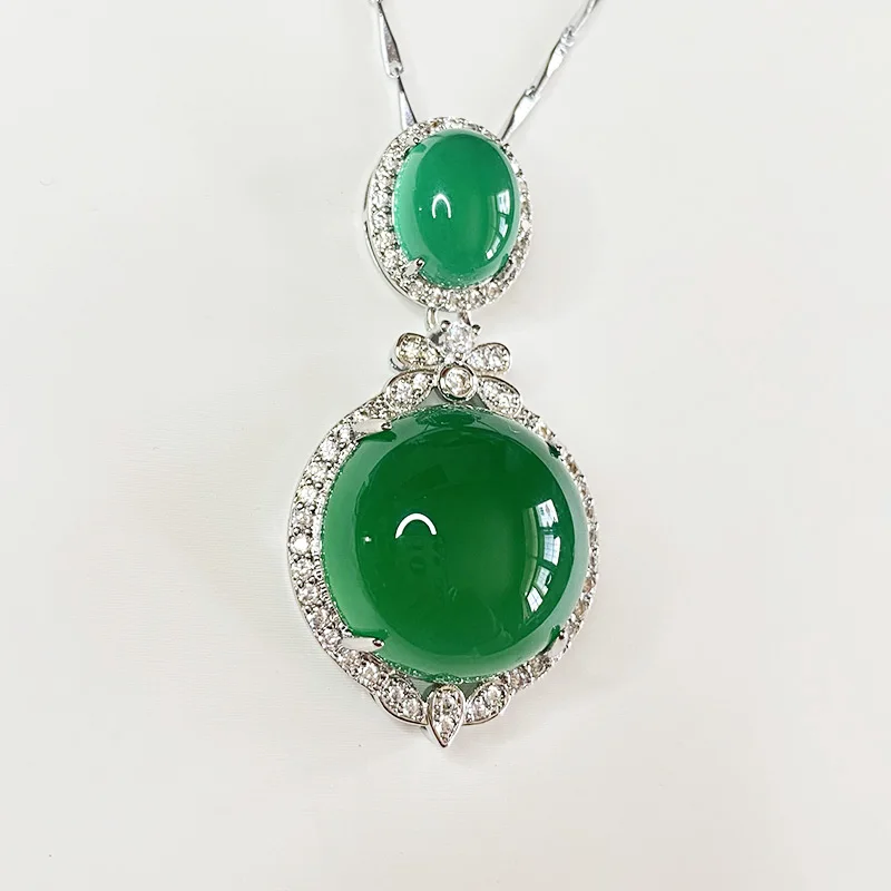 Natural ice green chalcedony emerald emerald S925 set with gem necklace pendant ring