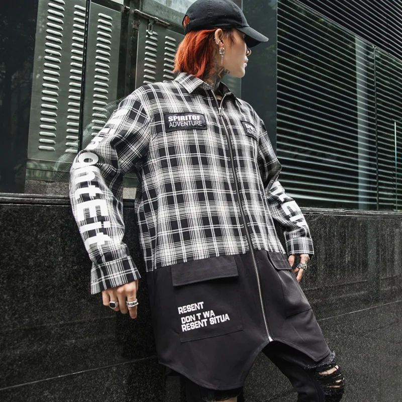 Уличная клетчатая рубашка для мужчин в стиле хип хоп Лоскутная с длинным рукавом
