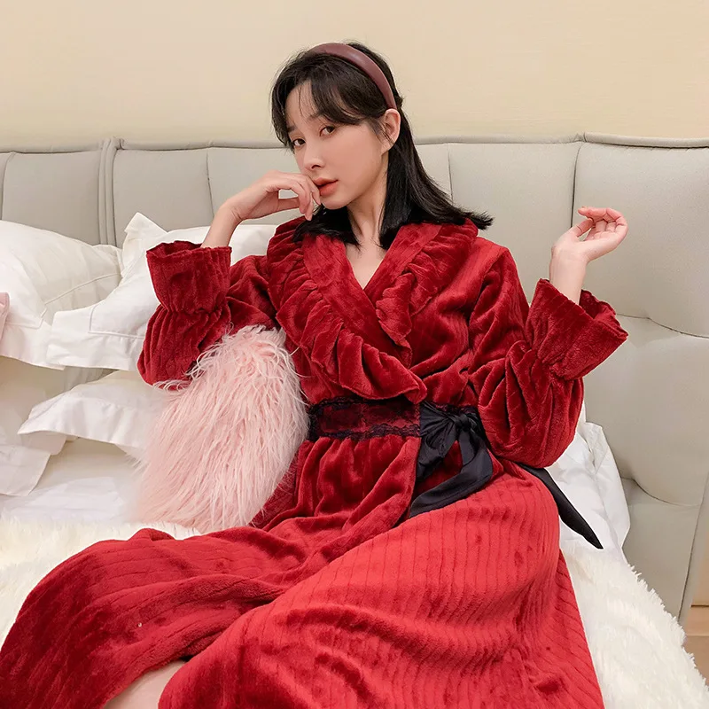 

Фланелевая ночная рубашка, пижама, Женская осенне-зимняя новая плюшевая Теплая Бархатная ночнушка кораллового цвета, ночная рубашка, милый ...