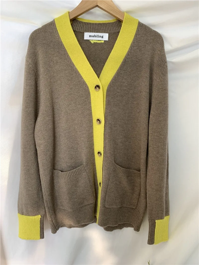 

2020 Autumn Korean Color-blocked Women Cardigans Sweaters Long Sleeve V-neck Single-breasted Stylish Fashion Tops Cardigans