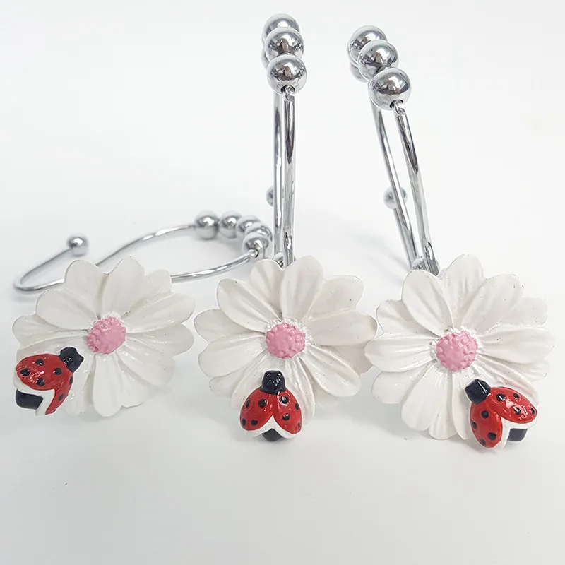 Ganchos de cortina de ducha con forma de Margarita de Ladybug, ganchos de cortina de ducha decorativos para ba&ntilde;o, ganchos dobles, gancho de cortina de Metal a prueba de &oacute;xido-3