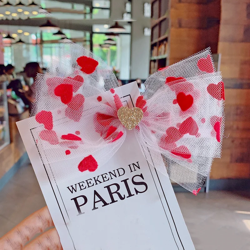 9 шт./компл. милые розовые сердца для девочек сетчатые банты волос Цветочные