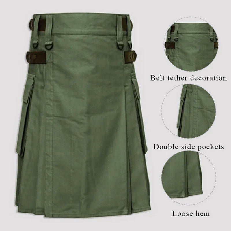 Puimentiua Scottish Mens Solid Classic Retro Traditional Plaid Medieval Cargo Personality Scottish Kilts Check Pattern Skirts