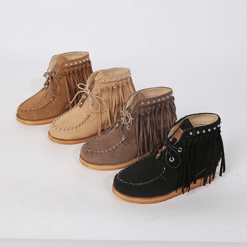 

New Ankle Boot Women 2021 Round Toe Tassel Lace Up Martin Boots Fashion Thick-soled Internal Increase Solid Color Short Boots