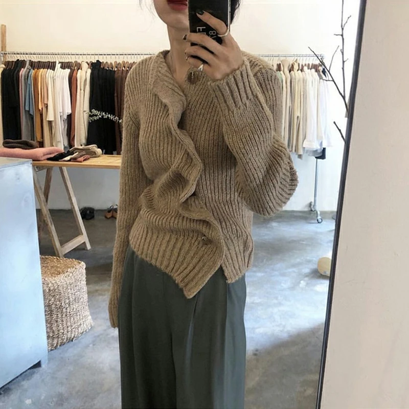 GALCAUR Asymmetrical Ruched Knitting Women's Sweaters O Neck Long Sleeve Korean Cardigans Female 2019 Autumn Winter Fashion New |