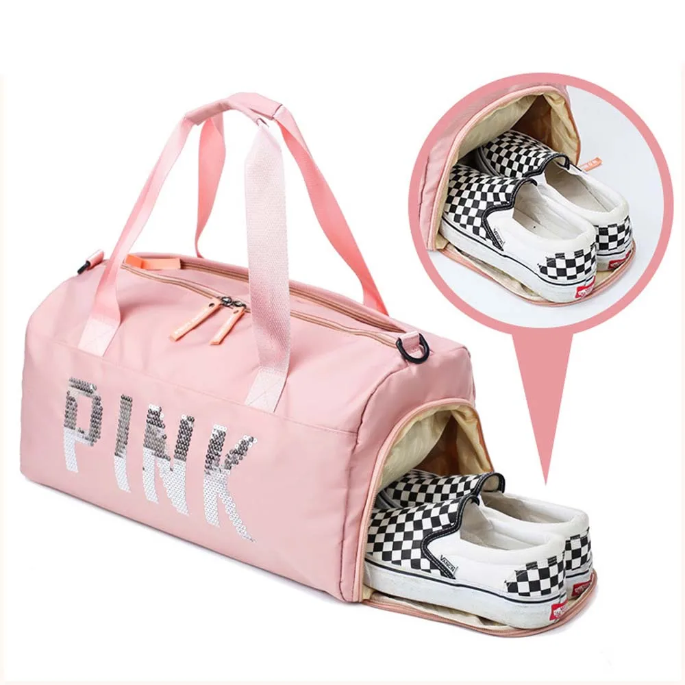 

Sports Fitness Training Bag Dry And Wet Separation Shoe Position Female Pink Sequin Outdoor Travel Hand Luggage Bag