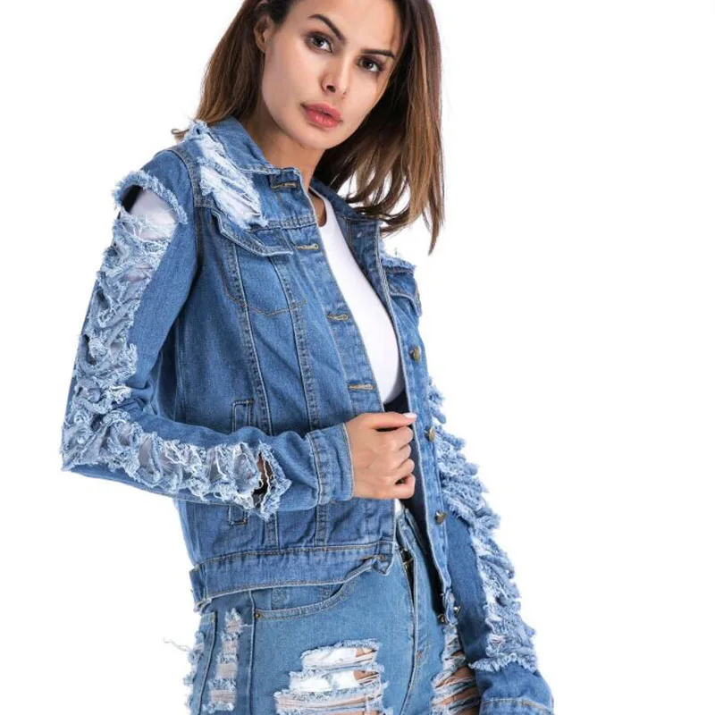 Женская джинсовая куртка большого размера 5XL с отрывными дырками весна осень 2020