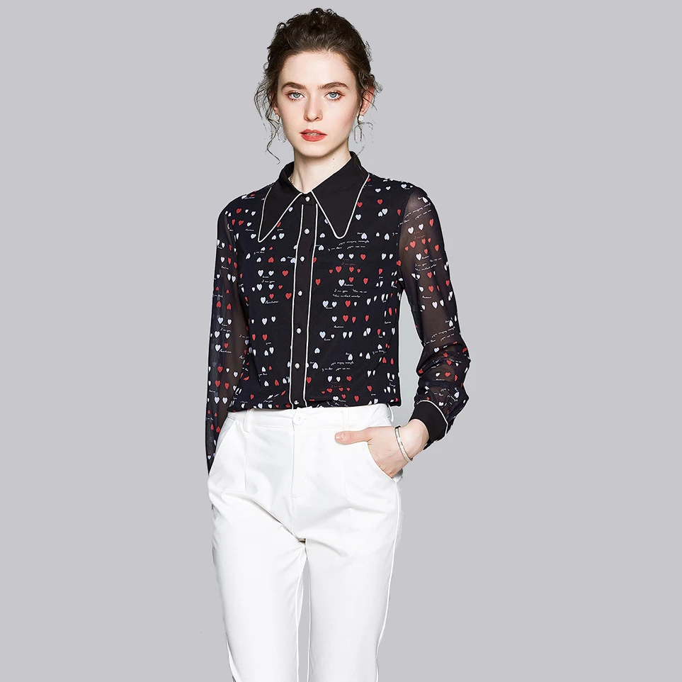 

2021 Spring Women Blouses Long Sleeve Turn Down Collar Print Office Shirt Elegant Vintage OL Blusas Black Tops
