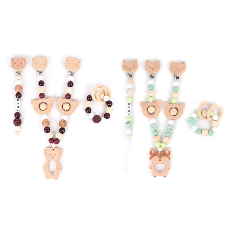 

3 Pcs/Set Baby Pram Pendant Rattle Pacifier Chain Clip Bracelet Wooden Teether