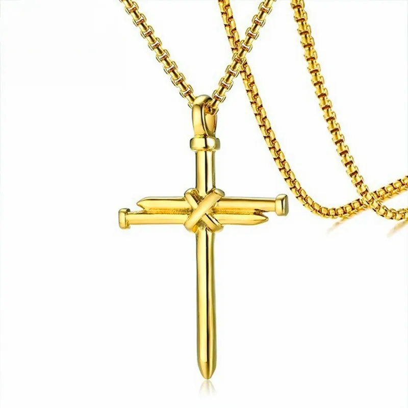 Vunix Gold Nail Cross Necklace Pendant for Men Male 60cm Chain |
