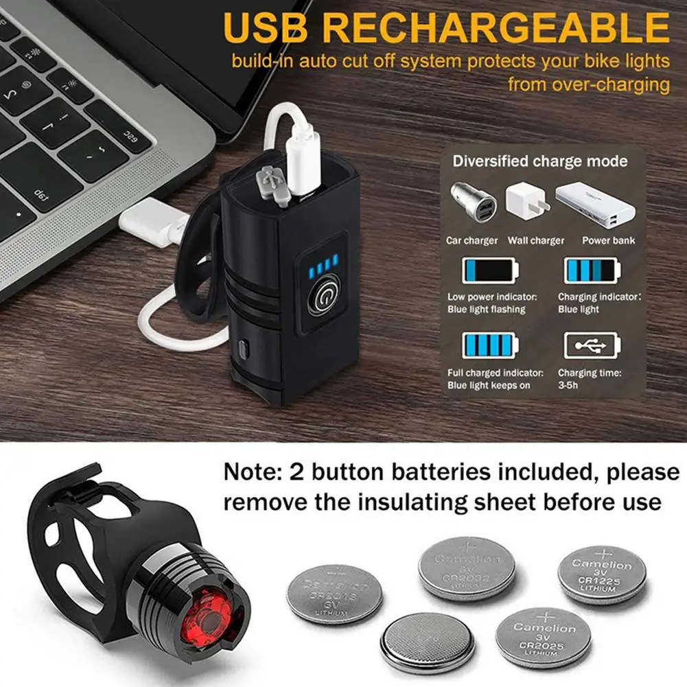 

USB Charging Bike Light Set Cycling Front Headlight and Taillight Cycling Handlebar Head LED Lights Bike Accessories