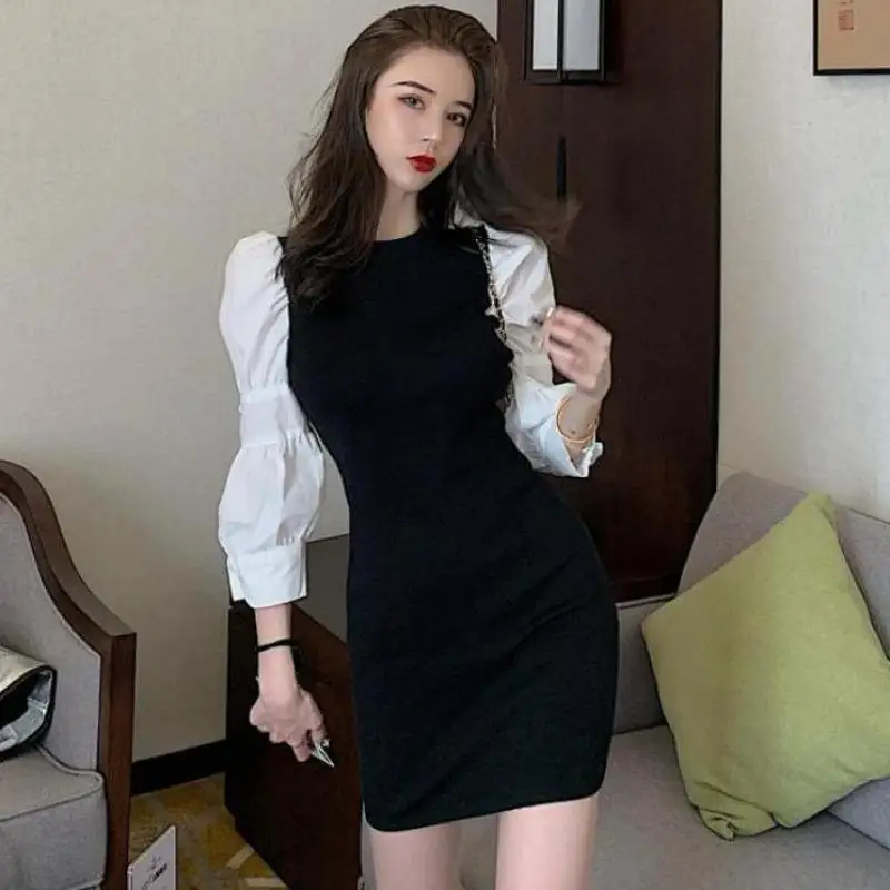 Корейское модное вязаное Черное мини платье в стиле пэчворк осеннее французское