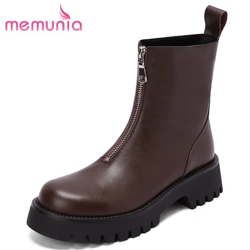 

Ботильоны MEMUNIA женские из натуральной кожи, Повседневные Удобные зимние ботинки на платформе, на молнии, квадратный каблук, ручная работа