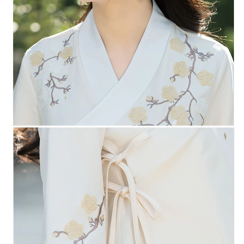 

Hanfu Women's Chinese Clothing Han-style Shirt V-neck Lace-up Embroidered Top Nine-point Sleeve Women Retro Casua Performance