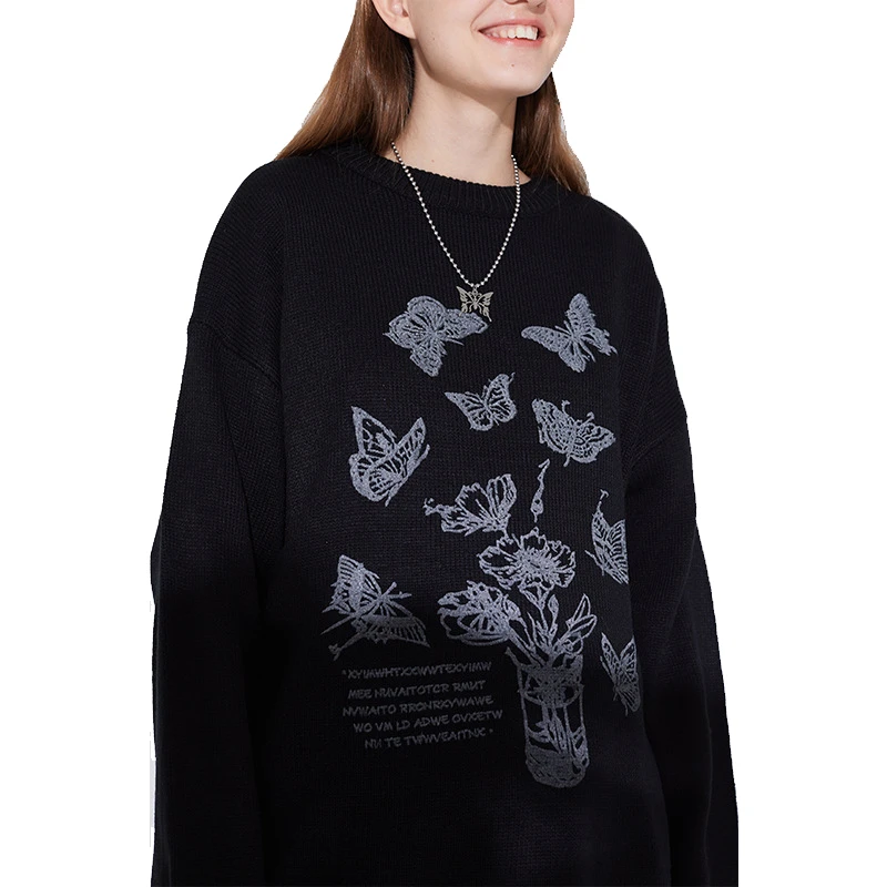 

Japanese Harajuku Streetwear Hip Hop Reflective Butterfly Sweater for Men and Women Oversized Crewneck Knitted Pullover Jumper