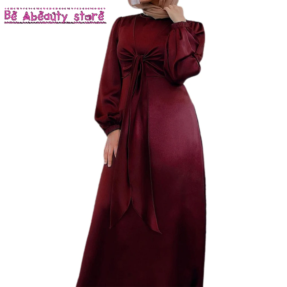 Женское атласное платье Eid Рамадан с поясом на шнуровке, мусульманская женская однотонная Повседневная Дубайская абайя, Турецкая скромная ...
