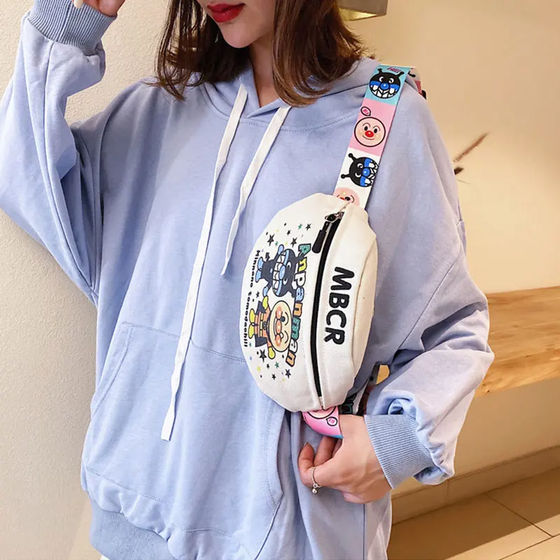 

Casual Chest Bag Women Waist Bag Cartoon Print Korean Student Shoulder Messenger Bag Fashion Canvas Men Crossbody Bags 2021 New