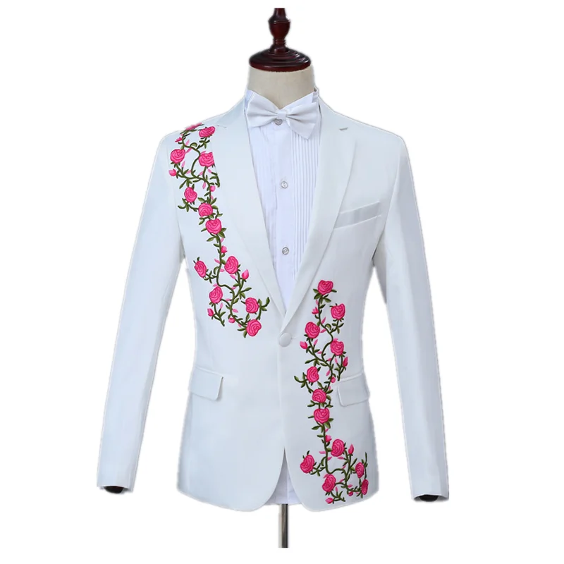 

Fashion Men's White Series Business Suit Party Wedding Banquet 2 Piece Suit Lapel Red Flowers Embellished Slim Casual Suit Set