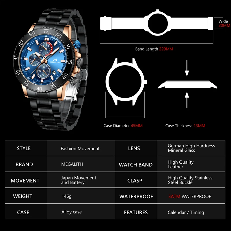 MEGALITH New Stainless Steel Watches Men Waterproof Luminous Quartz Wristwatch Chronograph Clock Male Fashion Sports Watch 8087 | Наручные