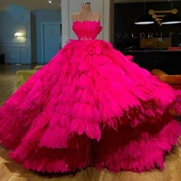 deep pink luxury feather evening dress puffy crystal promi party clothes arabic clothes couture prom dress evening dress 2019