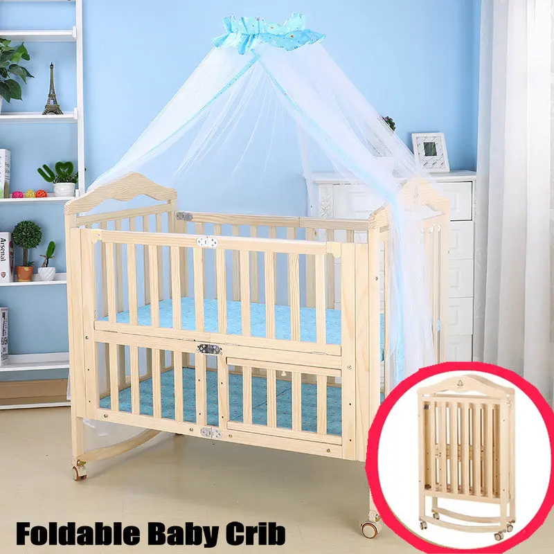 Foldable Pine Wood Kids Crib Have 4 Lockable Wheels, No Paint Baby Rocking Cradle, Portable Infant Cot with Mosquito Net