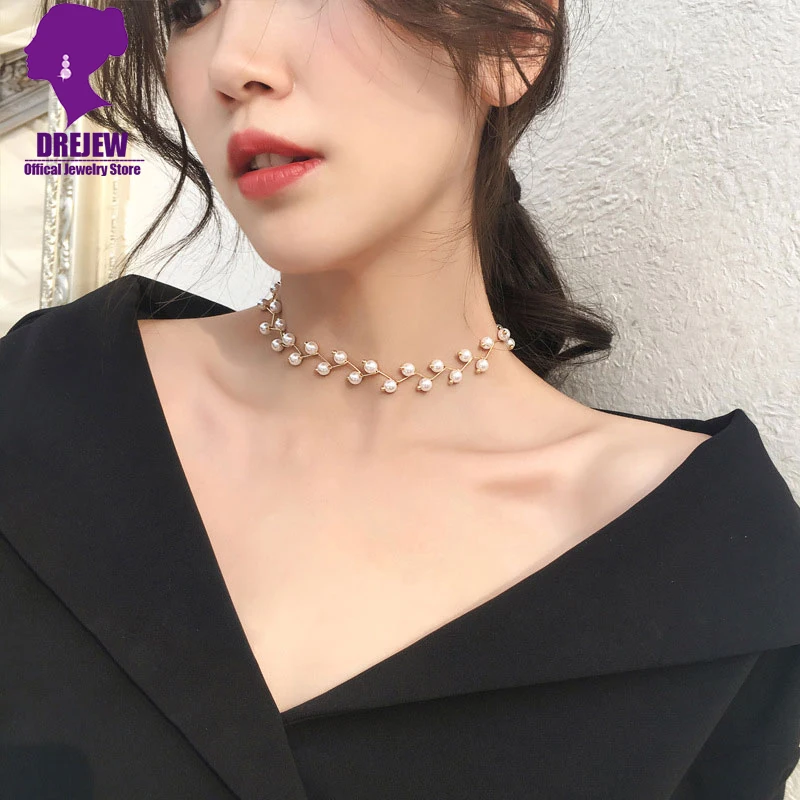 DREJEW Korean Short Pearl Crystal Statement Choker Necklaces Silver Gold Black Necklace for Women Friend Collares boho Jewelry