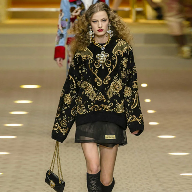 Vintage Autumn Winter 2020 Women Runway Designer Black Floral Embroidery Long Sleeve Knitted Sweaters Pullovers | Женская одежда