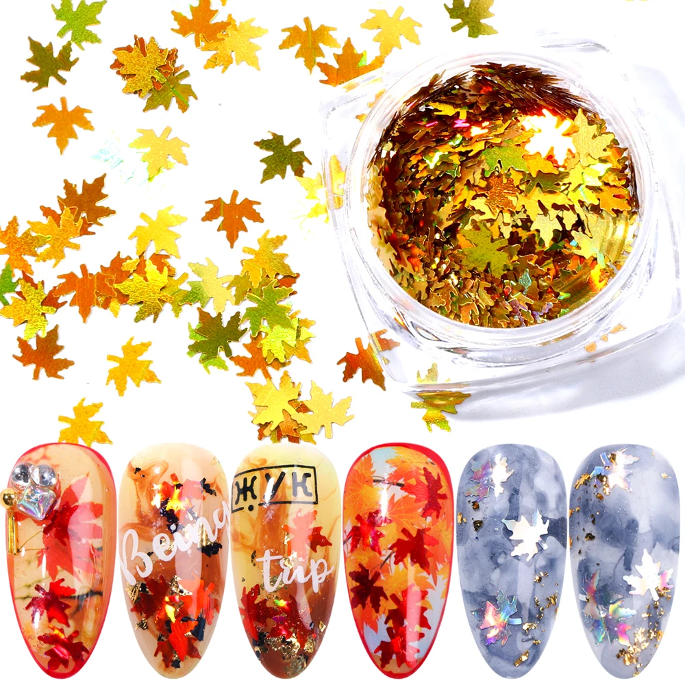

1 Box Maple Leaves Nail Art Sequins Holographic Glitter Flakes Paillette Chameleon Stickers For Nails Autumn Design Decor SA1528