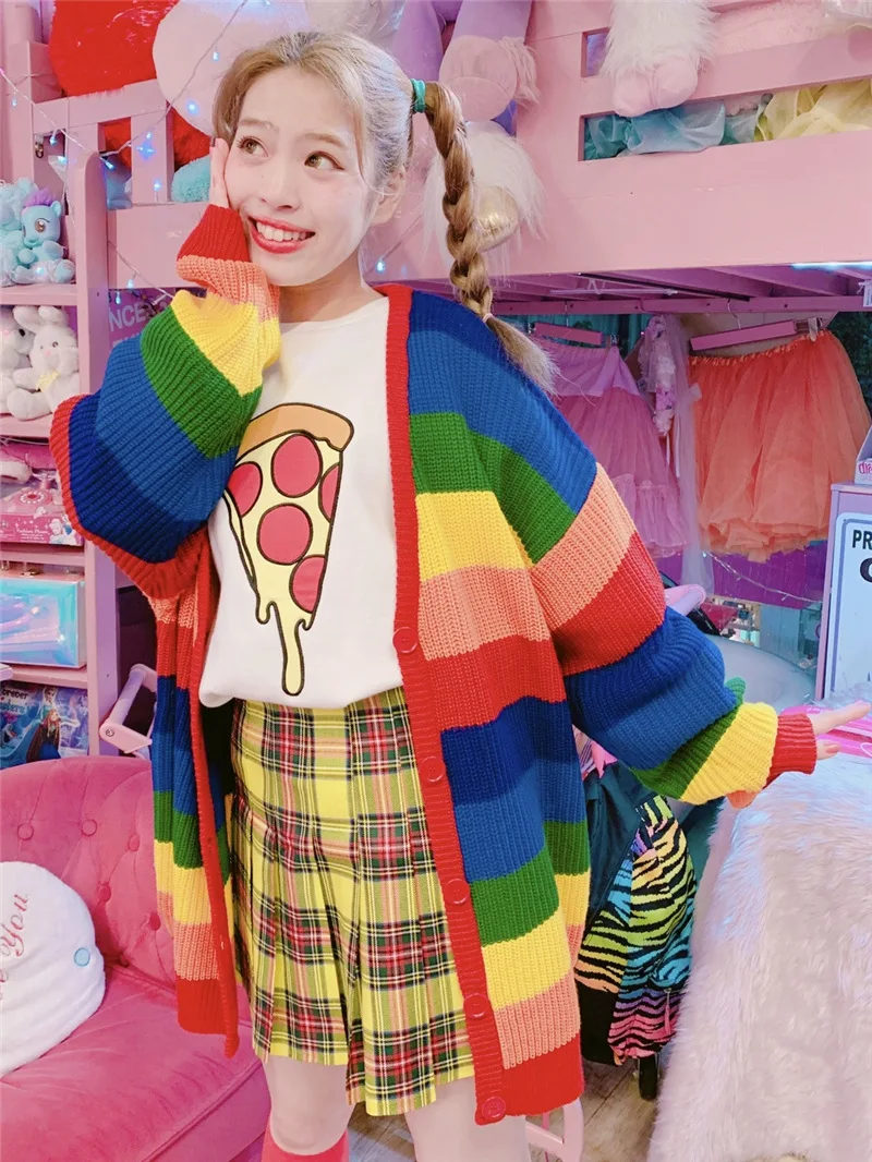Вязаный женский кардиган осень и зима KPOP Радужная одежда с полосками Женский Свободный Повседневный длинный свитер куртка пальто L0162