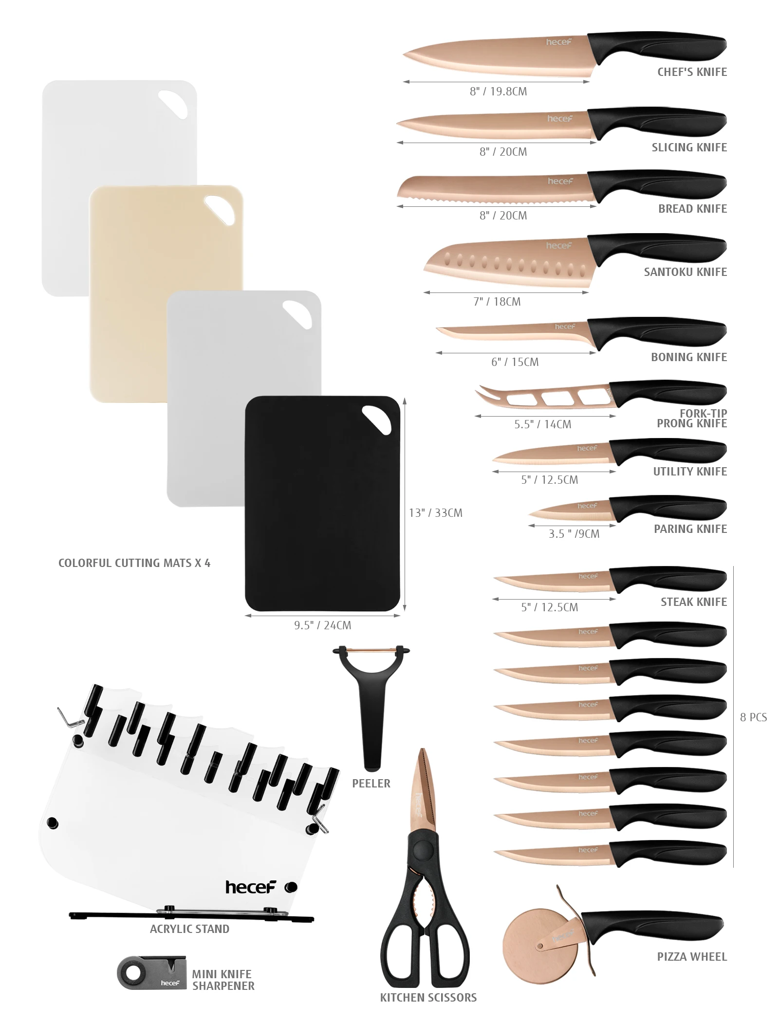 

Hecef 25pcs Gray/Rose Gold Titanium Plating Knife Block Set with Colorful Cutting Mats