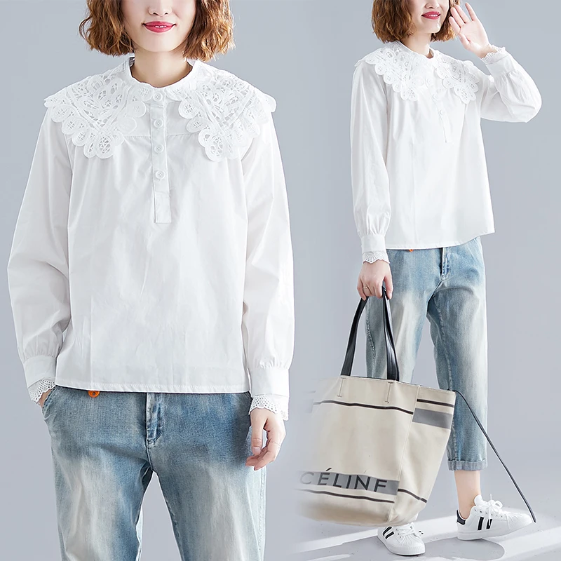 Большая рубашка оверсайз женская блузка с воротником Питер Пэн кружевная топ в