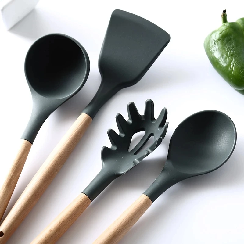 silicone kitchenware cooking utensils set non stick cookware accessories spatula wooden handle black cute kitchen gadget sets free global shipping