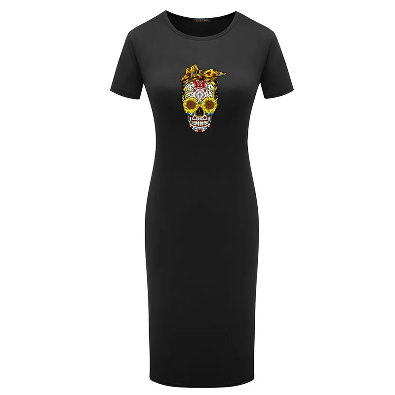 

Bodycon Women Dress Skull Flower Print Short Sleeve Robe Sexy Summer Office Dresses Maxi Bandage Black Army Green Pencil Dress
