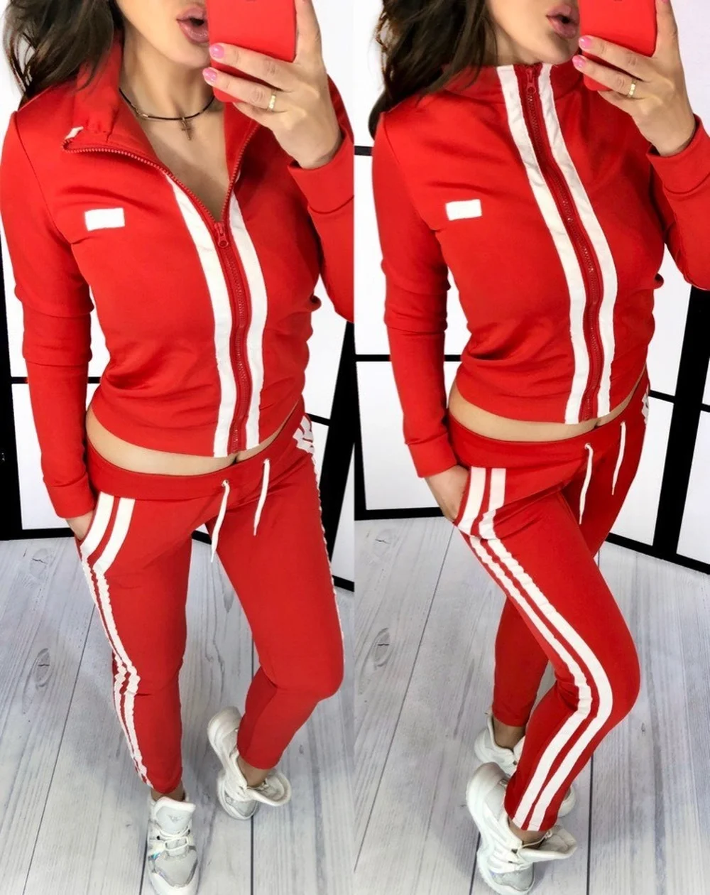 

Donsignet Fashion Women's Suit New Spring Casual Round Neck Zipper Self-cultivation Striped Stitching Regular Two-piece Suit