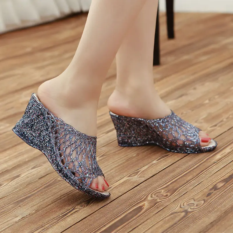 

Summer New Ladies Crystal Thick Bottom Wedges Plastic Sandals Jelly High-heeled Crystal Fashion Mother Non-slip Sandals