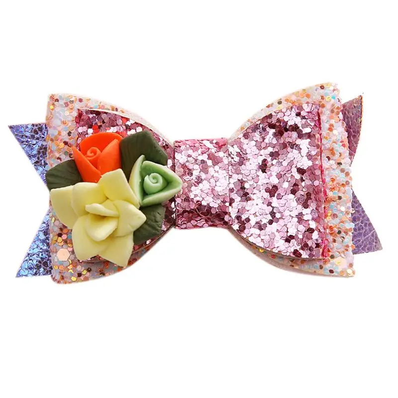 Pink and Beige Детская боковая заколка с бантом; Новинка; заколка принцессы с блестками и цветами для девочек; зажимы для челки; аксессуары для волос - Цвет: Pink and Beige