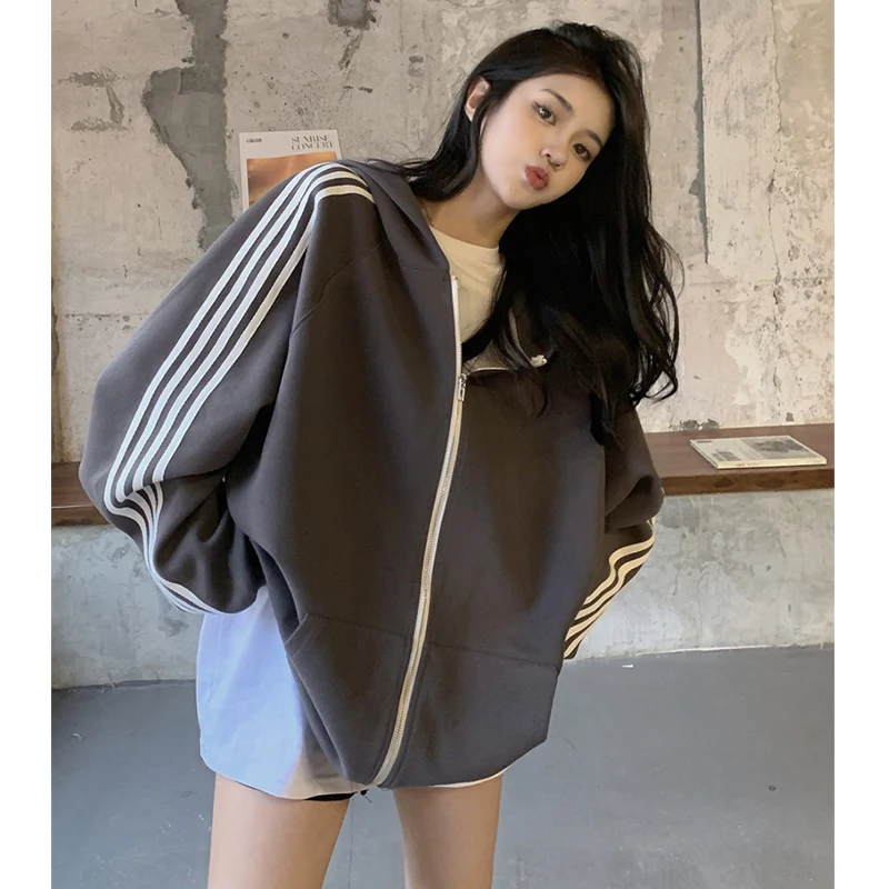 

Hooded Stripes Women's Hoodie Coat Spring and Autumn Loose Bf Lazy Zipper Long Sleeve Korean Fashion Chic Woman Jacket Ins