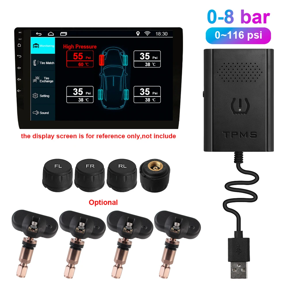 

USB TPMS Android TPMS 4 внутренние и внешние датчики, система контроля давления в шинах для автомобильного радио, DVD, GPS-навигатора