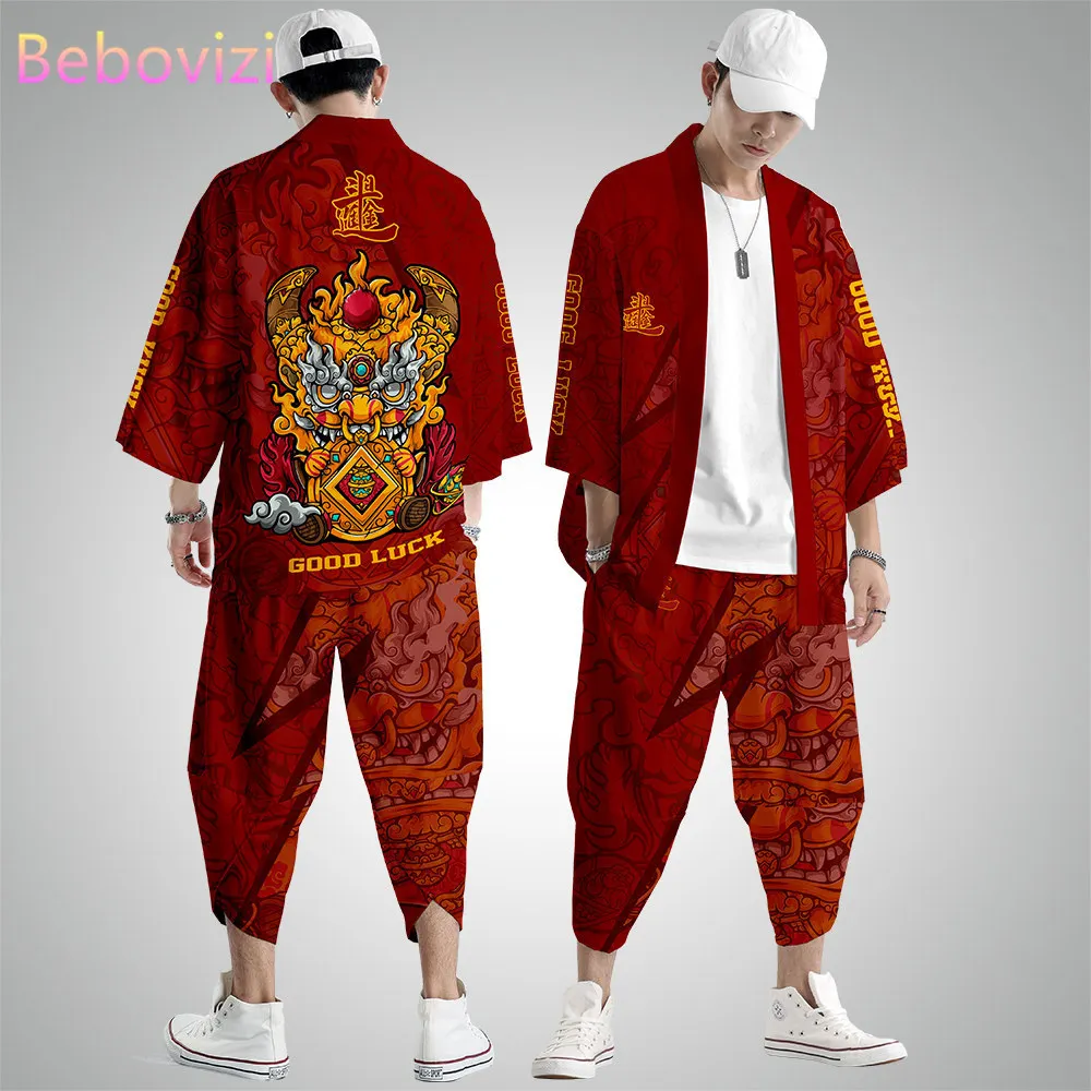 

Plus Size XS-6XL Lucky Cow Print Japanese Style Fashion Kimono and Pant Set Men Women Cardigan Blouse Haori Obi Asian Clothes