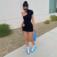 2021 summer new high necked dress irregular strappy hollow out bodycon sexy ruched dress elegant club outfits female clothing