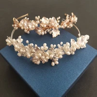 slbridal handmade luxury alloy leaf crystal rhinestones freshwater pearls bridal tiara wedding party crown women hair jewelry